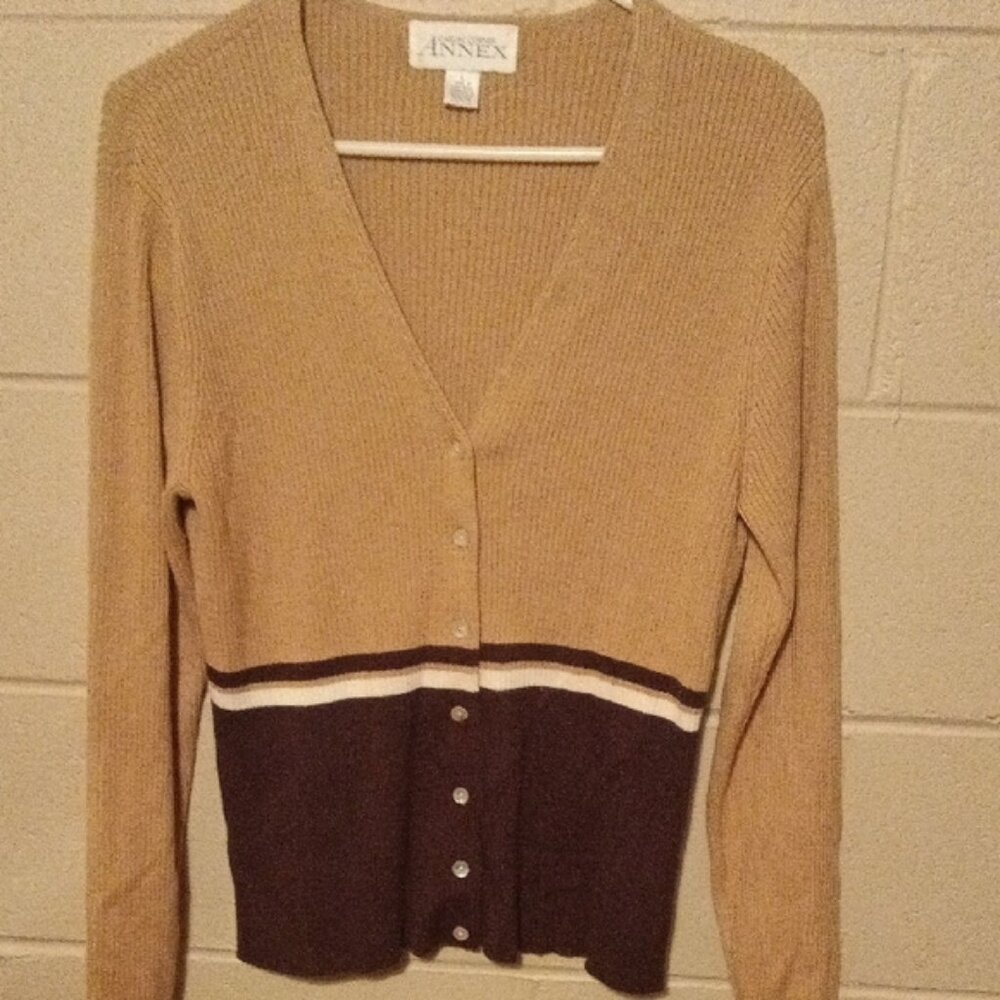 Casual Corner Tan and Brown Cardigan Cotton Acrylic Size Large